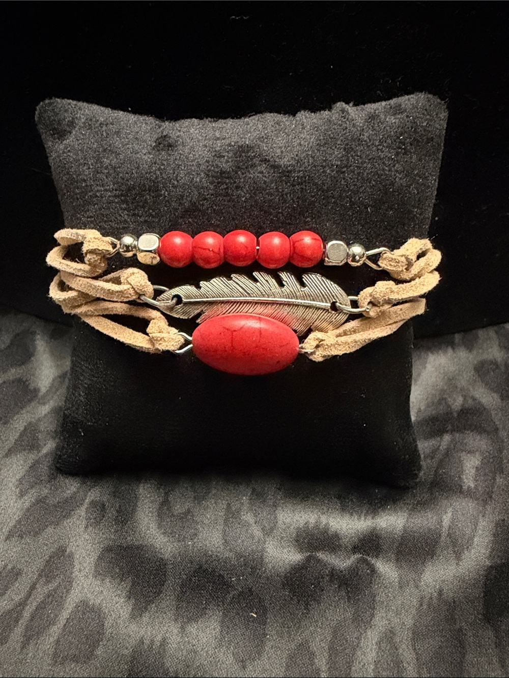Boho Red Bead & Feather Multi-Strand Bracelet
